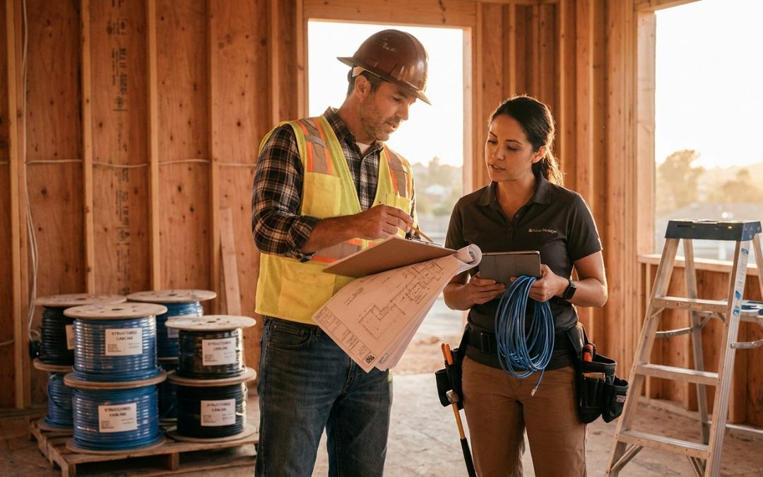 Low voltage contractor pre-wiring a new construction home in Carlsbad