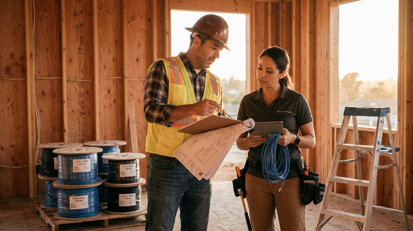 Low voltage contractor pre-wiring a new construction home in Carlsbad