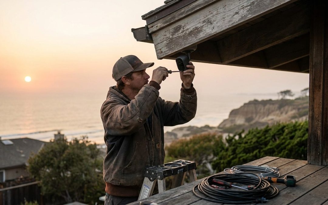 Technician mounting a coastal-rated camera during Del Mar smart home installation