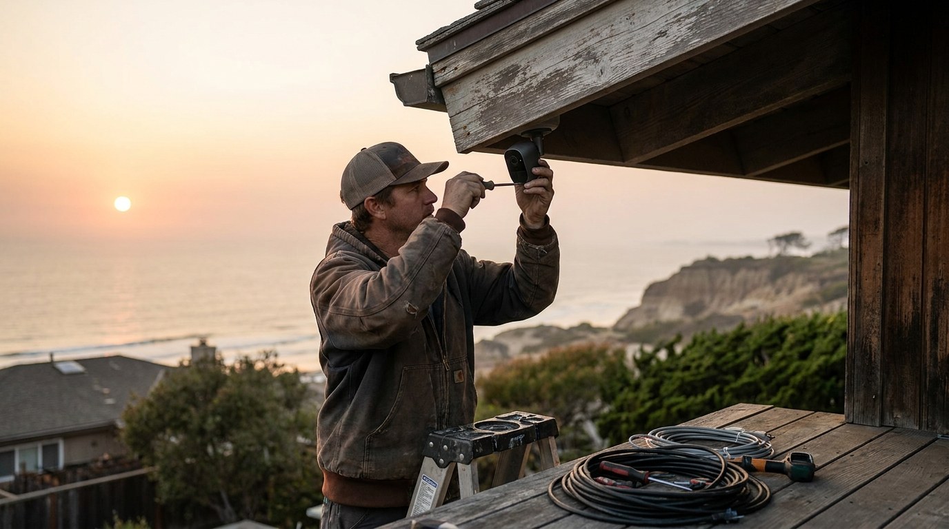 Technician mounting a coastal-rated camera during Del Mar smart home installation