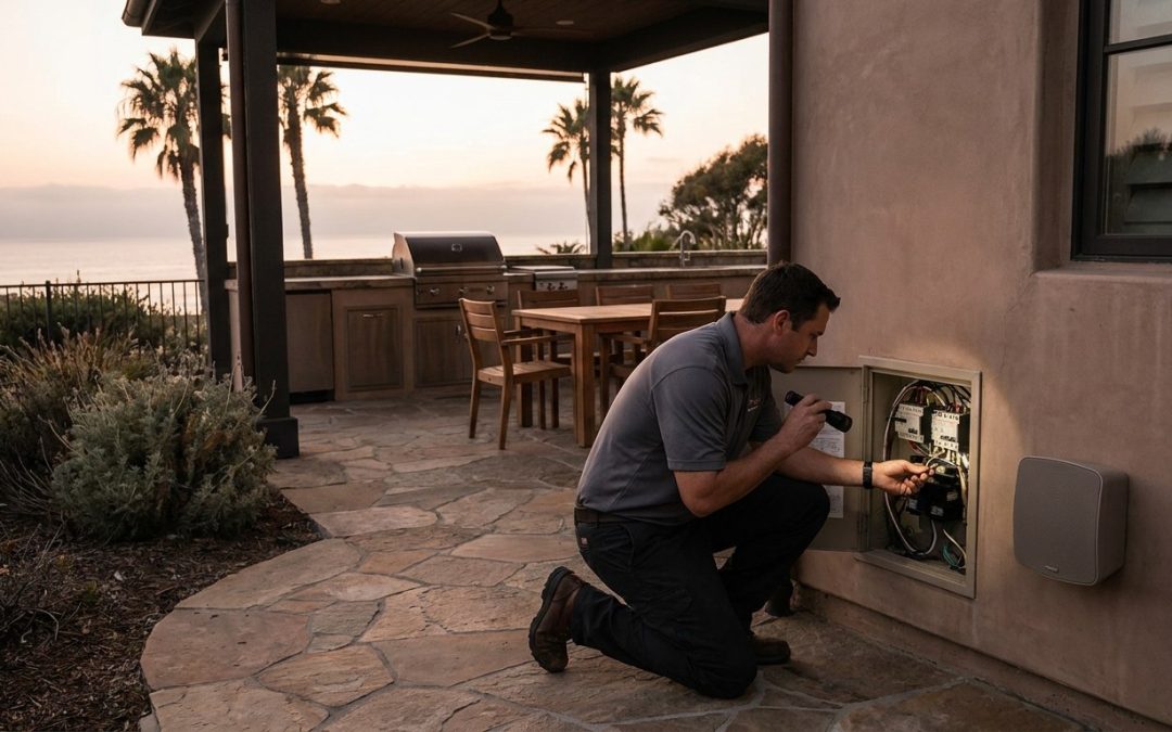 Encinitas smart home installation technician wiring an outdoor patio speaker system
