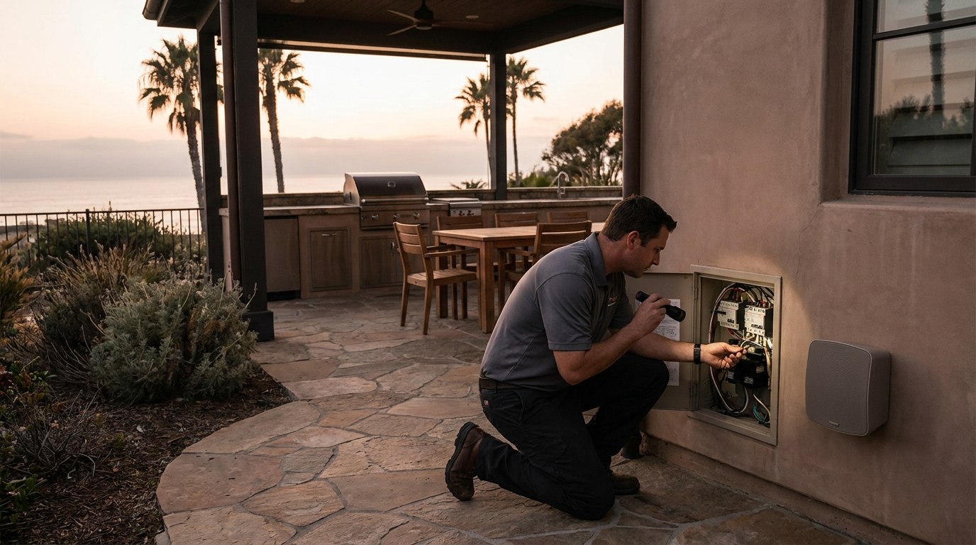 Encinitas smart home installation technician wiring an outdoor patio speaker system