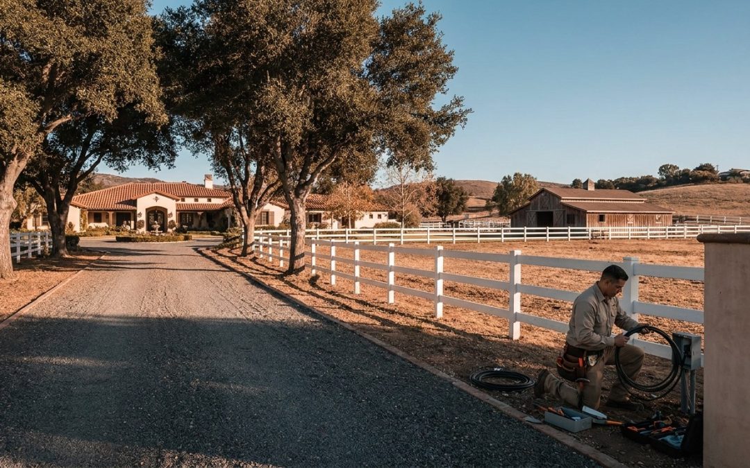Technician wiring a Fairbanks Ranch smart home installation near a private equestrian barn