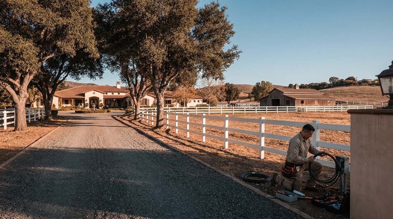 Technician wiring a Fairbanks Ranch smart home installation near a private equestrian barn