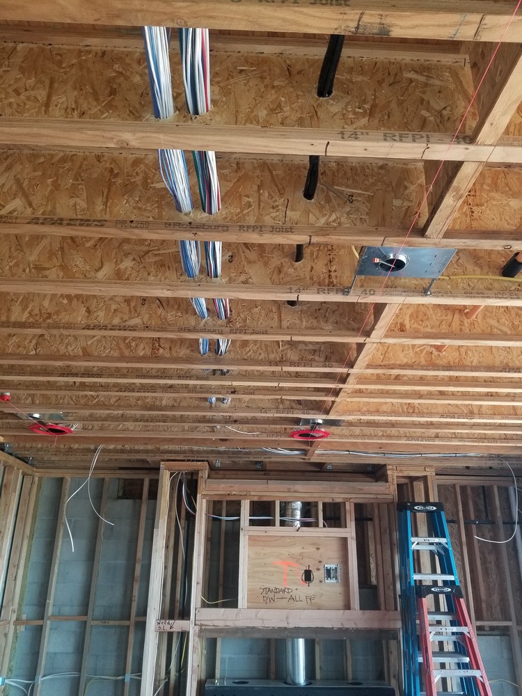 Pre-drywall ceiling rough-in wiring for lighting control and shade motors, new construction pre-wire