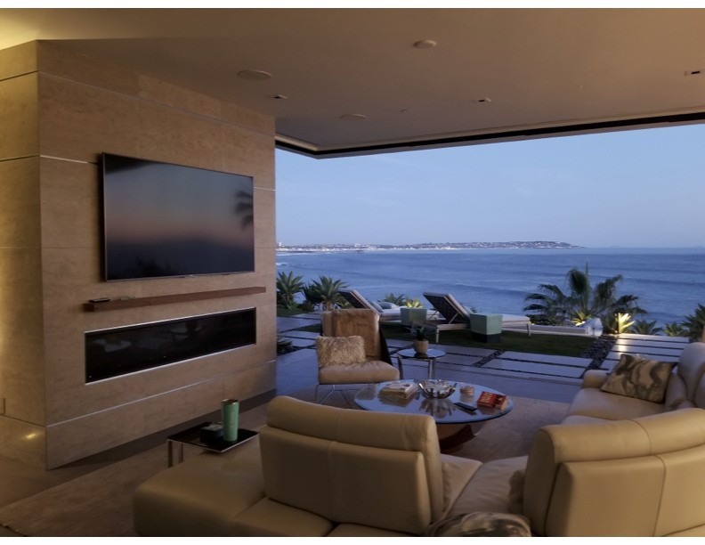 Recessed lighting in a modern San Diego oceanview living room, low voltage installation