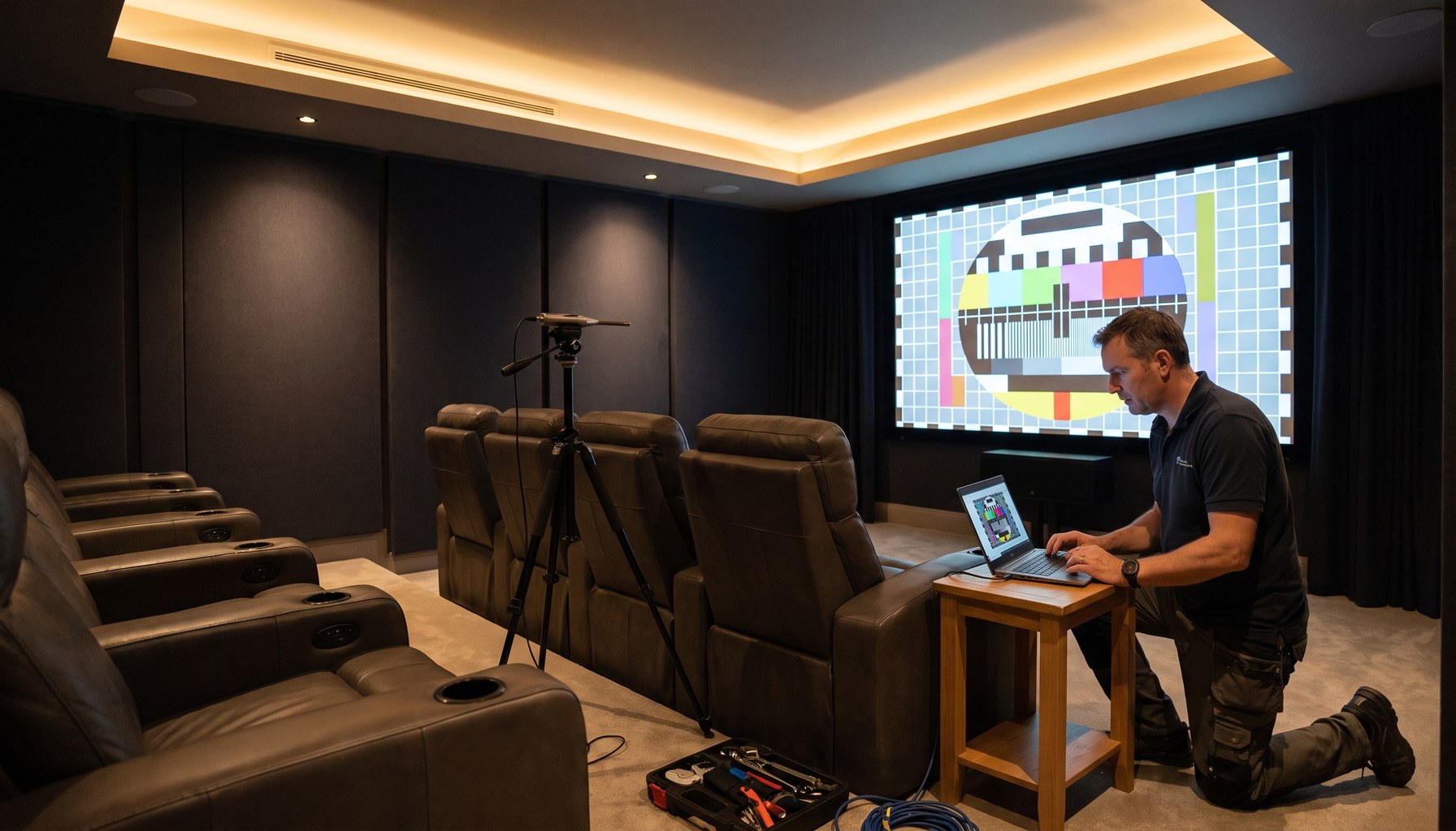 Chino Hills home theater installer calibrating a projector in a dedicated media room