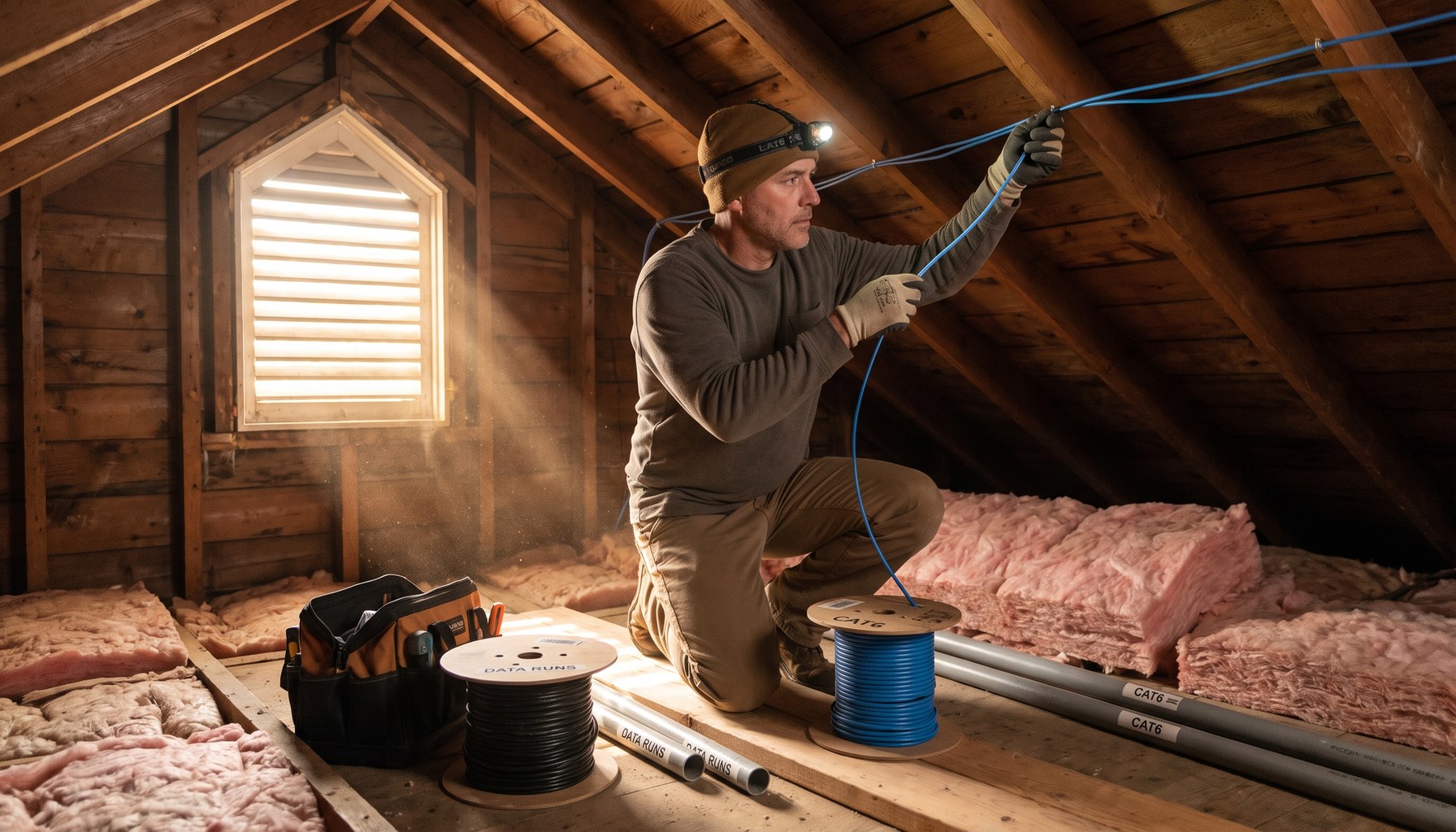 Corona low voltage technician running structured cable through a hillside home attic