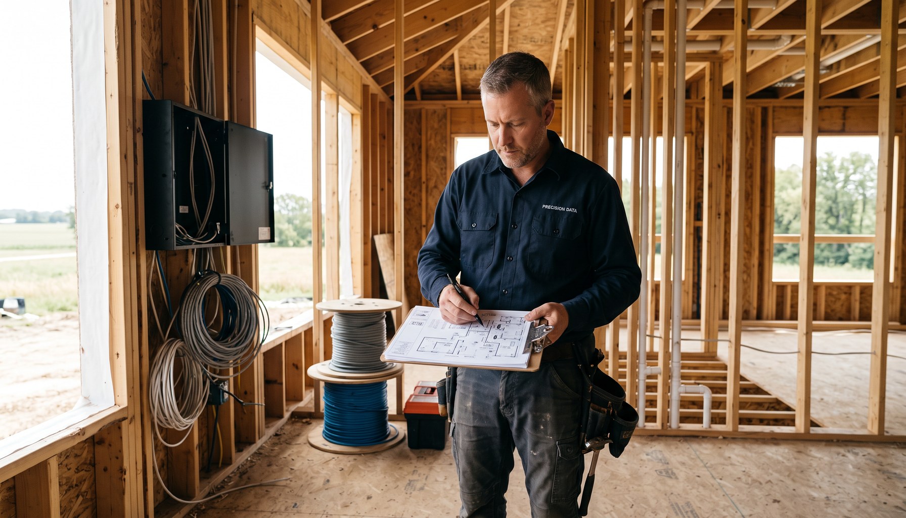 Irvine low voltage contractor marking data drop locations on a new construction floor plan