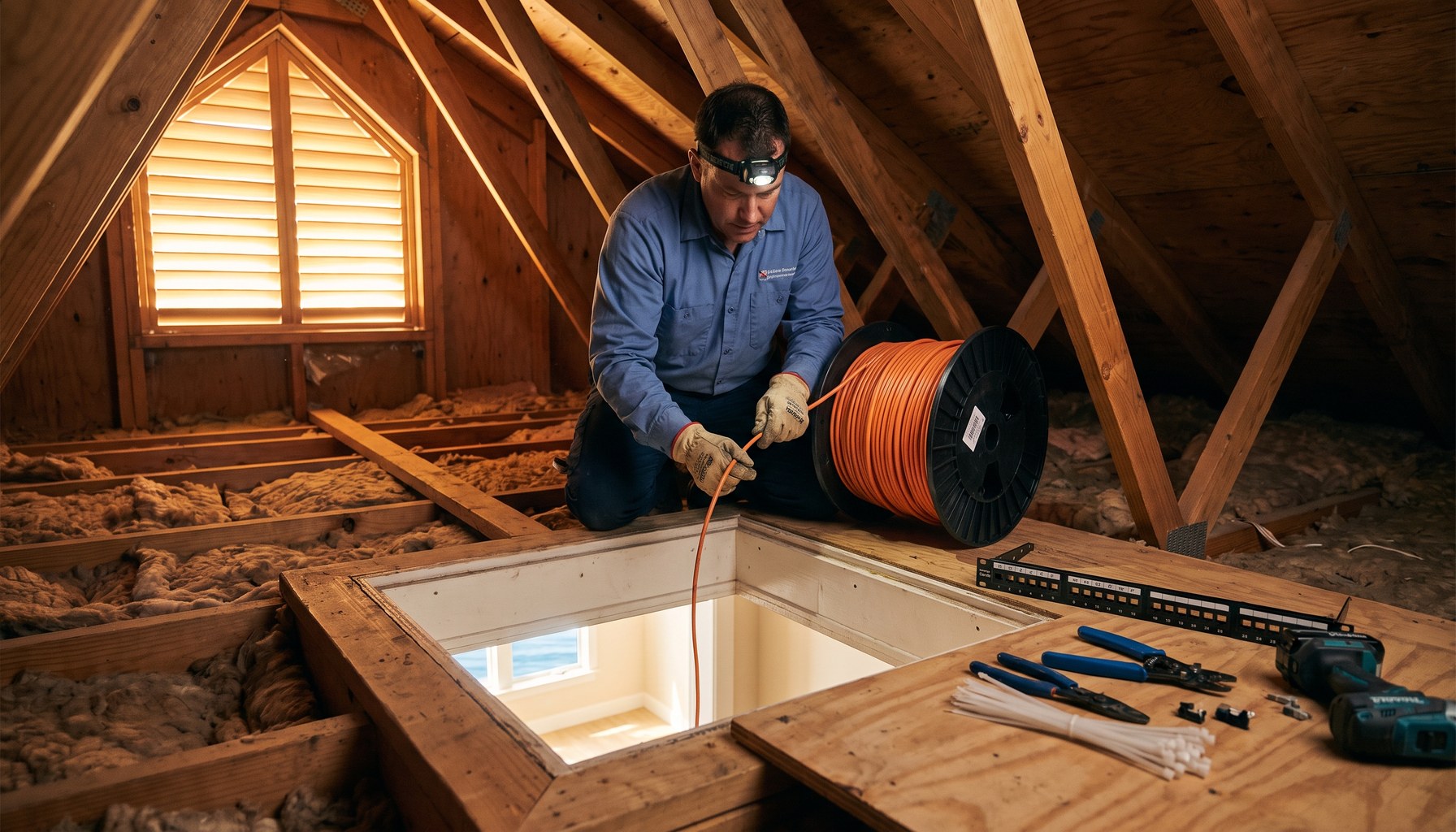 La Jolla low voltage technician running Cat6 cable through a coastal home attic