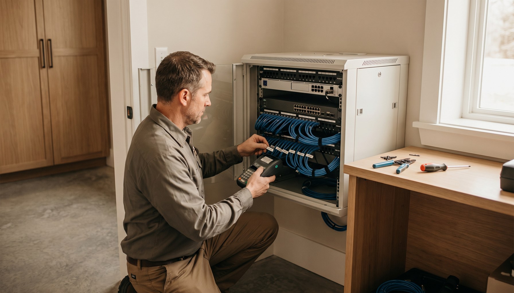 Laguna Niguel contractor dressing and labeling cable in a home equipment rack