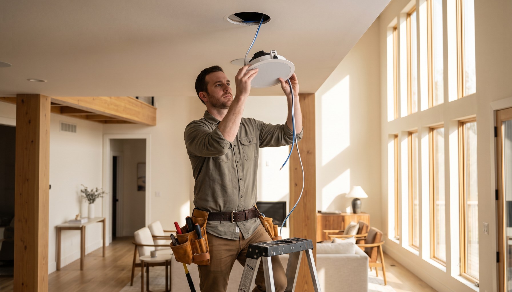 Murrieta installer mounting an in-ceiling speaker in an open-plan great room