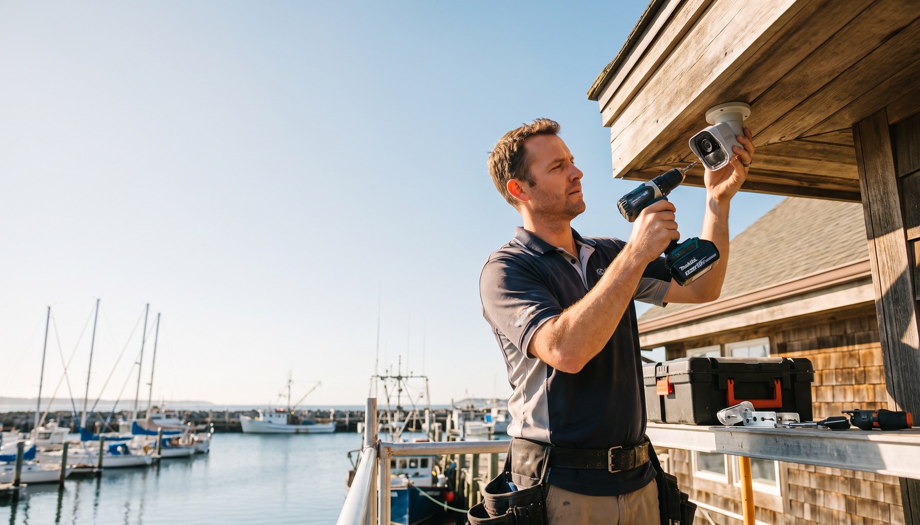 Newport Beach installer mounting a sealed exterior camera on a waterfront home