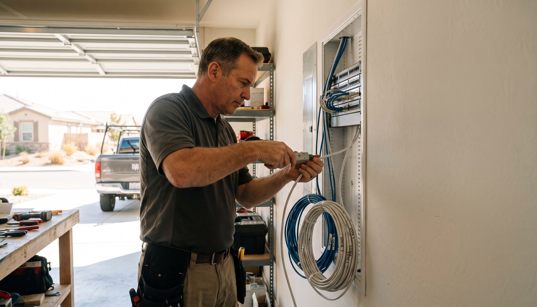 Oceanside technician terminating Cat6 into a labeled structured media panel