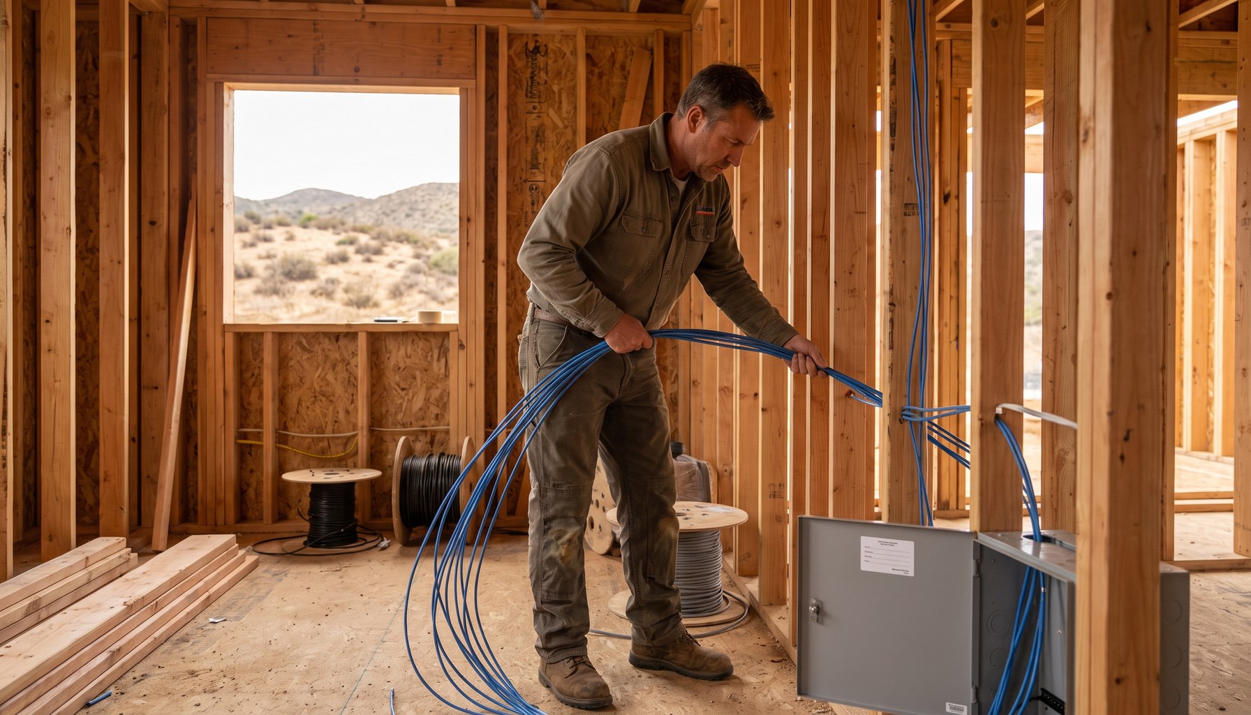 Rancho Bernardo pre-wire technician pulling Cat6 through framing in new construction