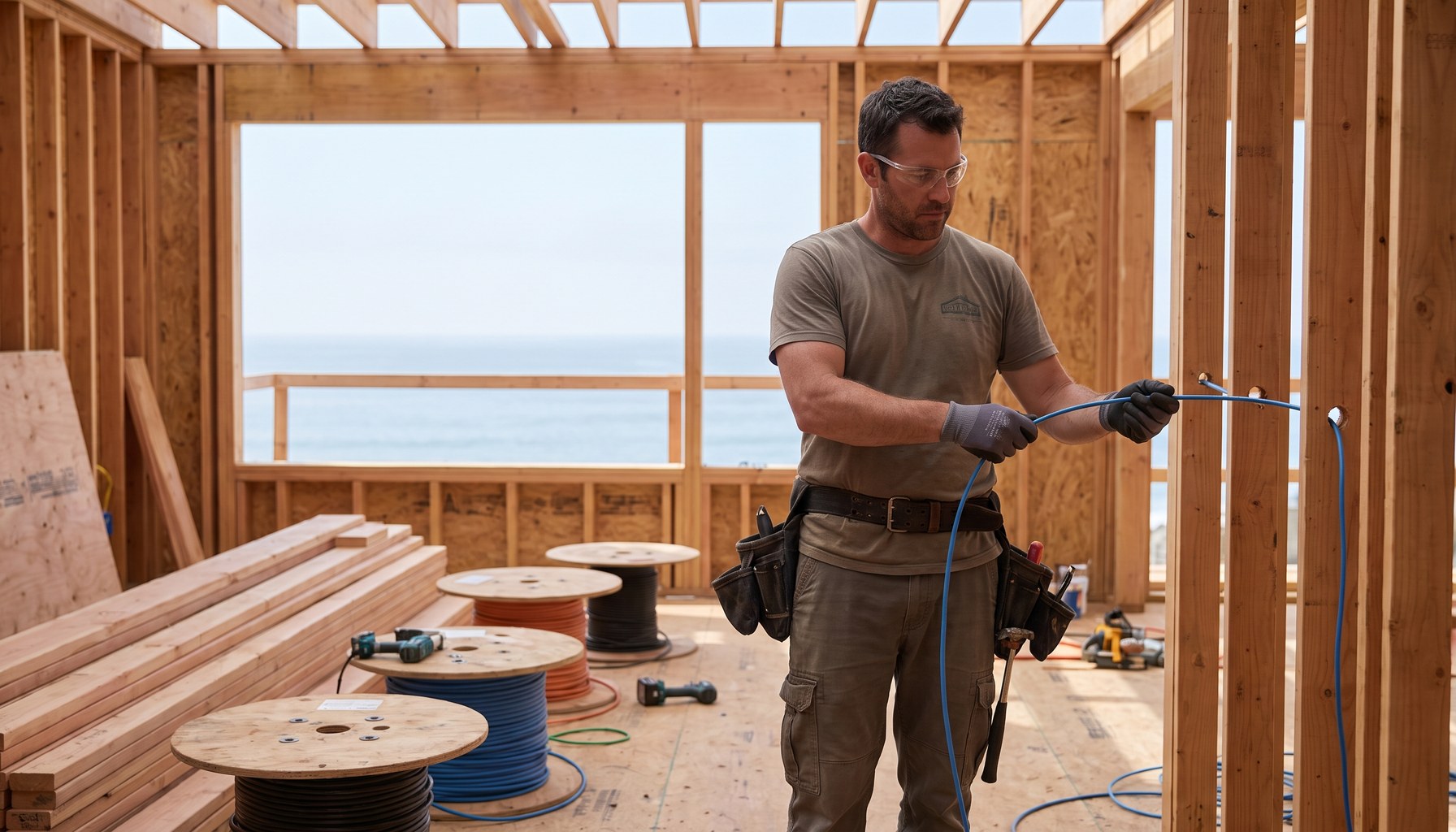 San Clemente pre-wire installer pulling Cat6 through coastal new construction framing