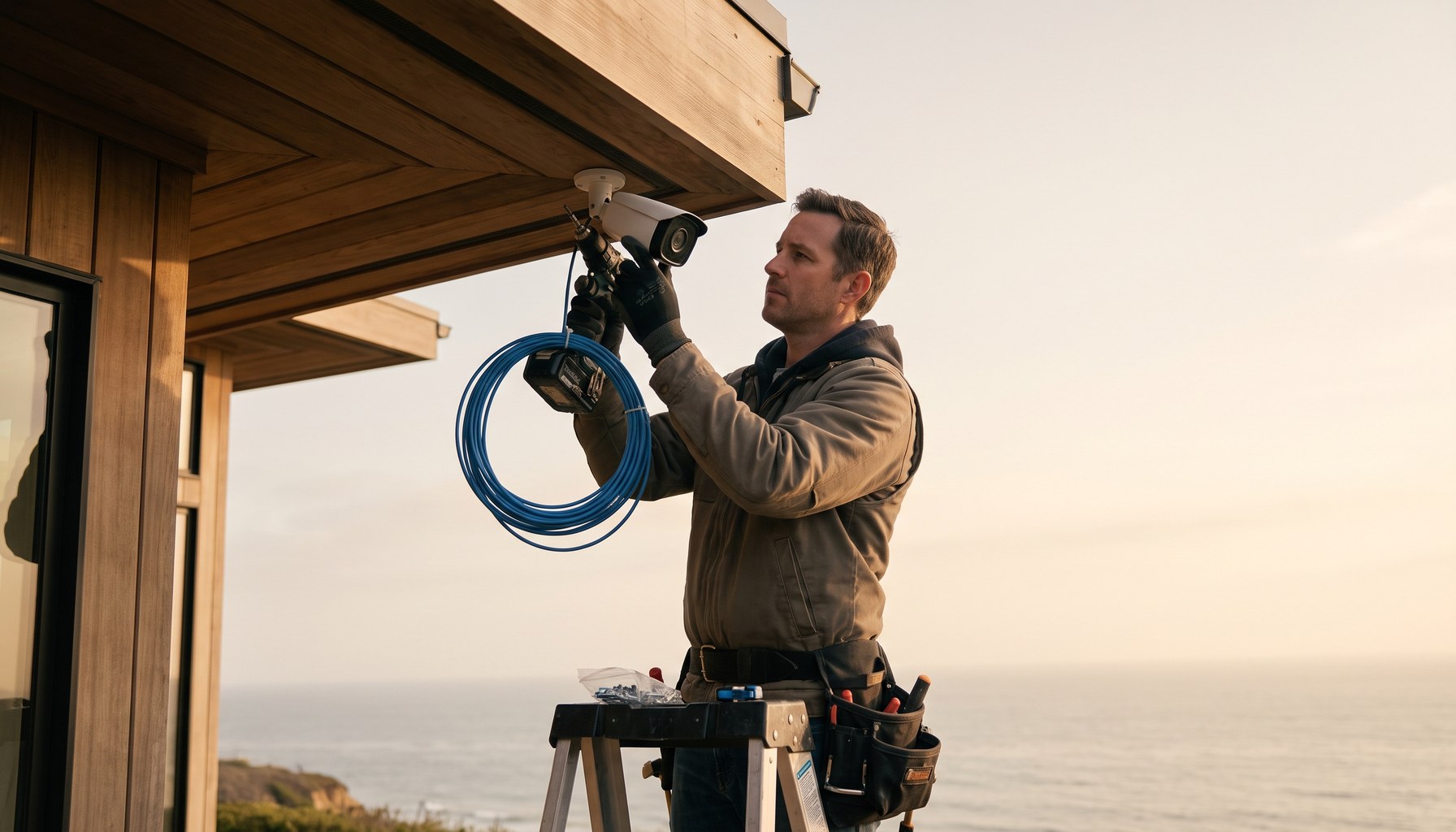 Solana Beach installer mounting a weather-sealed security camera on a coastal home