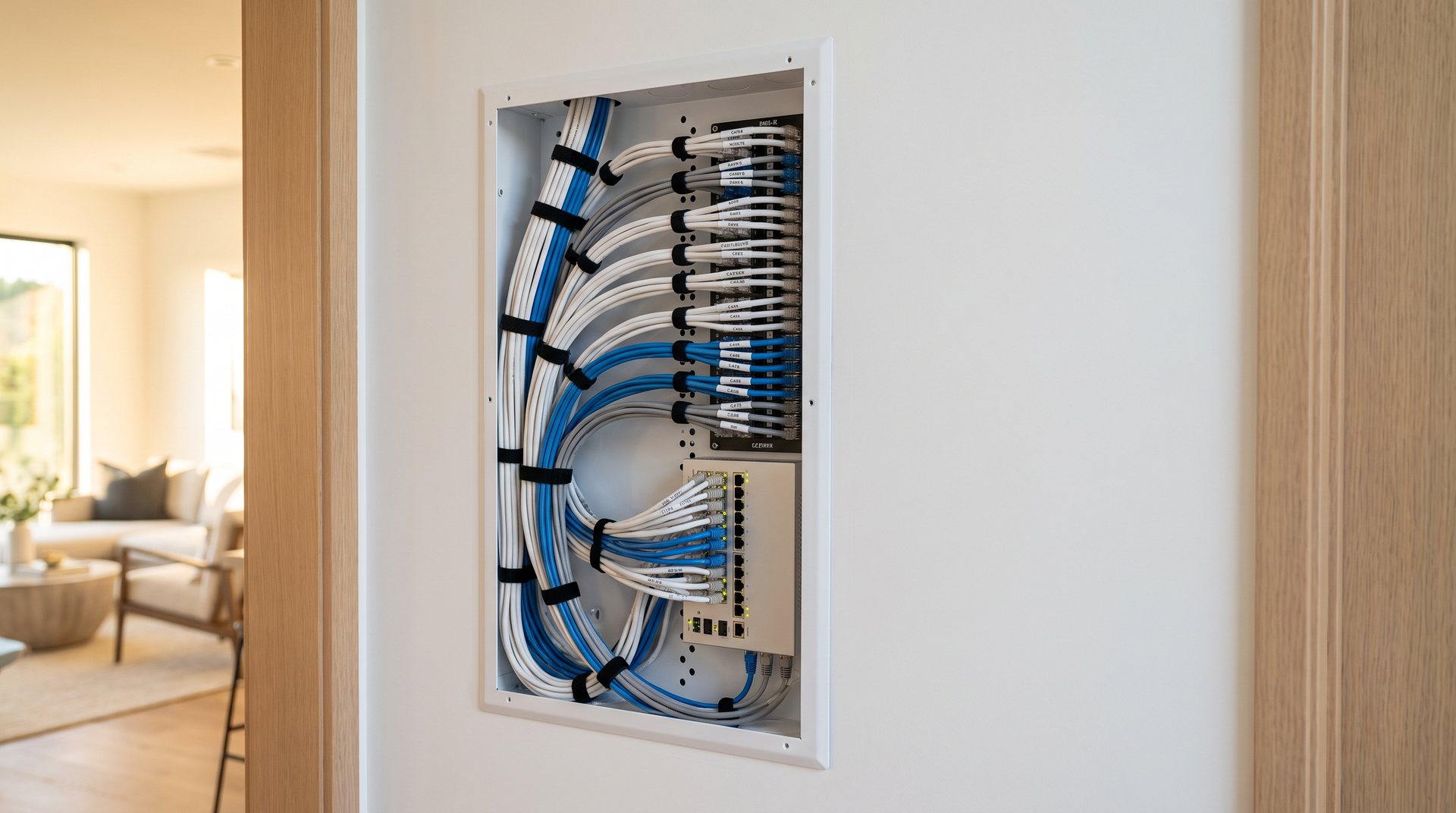 Structured wiring panel installed in a San Diego home Labeled Cat6 structured wiring panel installed in a San Diego home