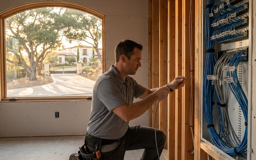Technician wiring a Rancho Santa Fe smart home installation inside a guest house