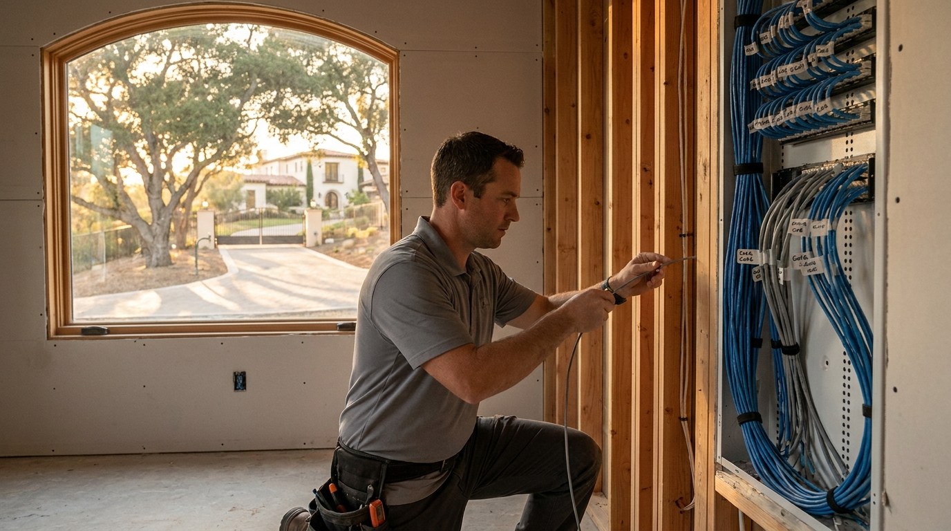 Technician wiring a Rancho Santa Fe smart home installation inside a guest house