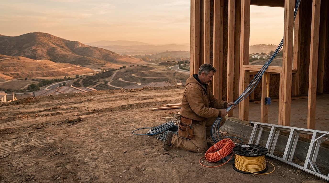 Low voltage contractor pre-wiring a San Elijo Hills new construction home in San Marcos